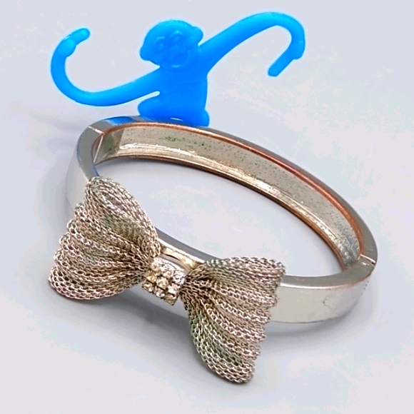 Silver Clamper Bangle Bracelet Mesh Bowtie Wedding Jewelry Vintage - Picture 15 of 16